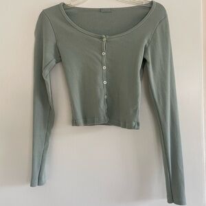 Brandy Melville Sage Ribbed Button-Front Long Sleeve Top
